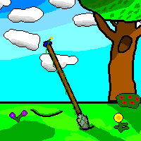 Abandoned Spear A pixel art spear stabbed into the ground, vines are growing on it