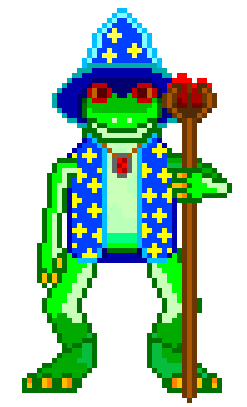 Frogbert the Pyromancer Pixel art image of a Frog wizard